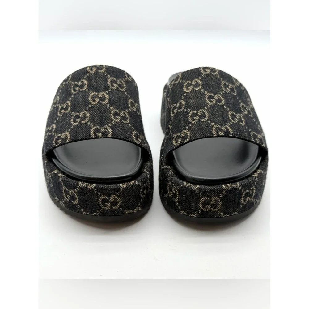 Gucci Angelina GG Monogram Platform in Black Denim Slide Sandals EU 39.5 US 9.5